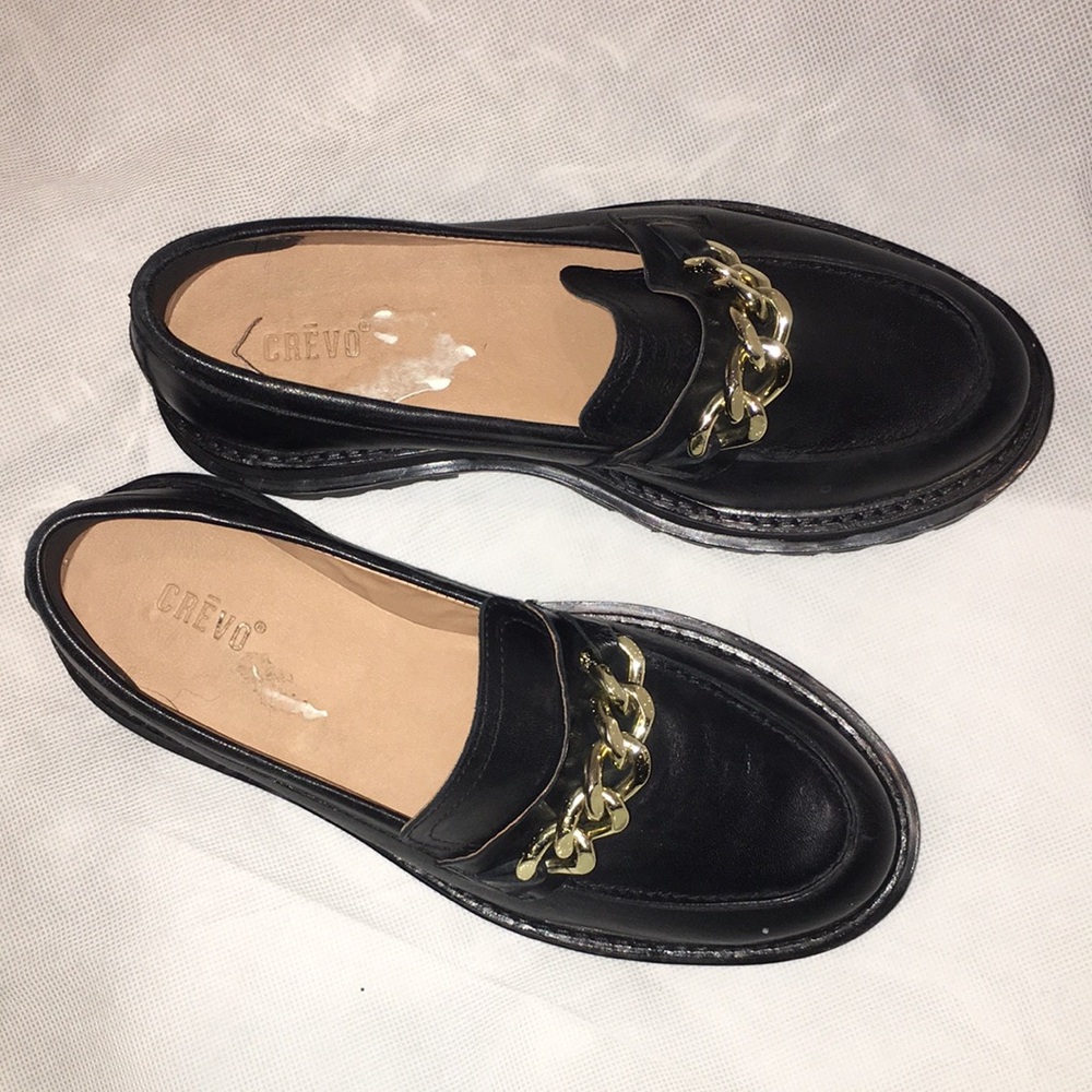 Crevo Black Leather Moccasins with Gold Chain Trim